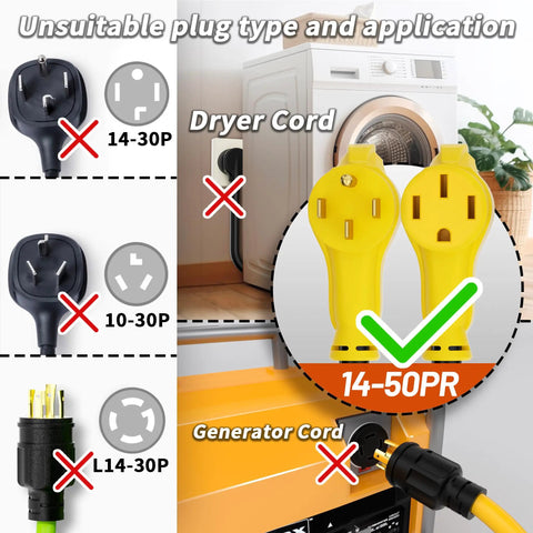 Rugged 50 Foot 50 Amp RV And EV Extension Cord Outdoor 125 To 250 Volt 6250 To 12500 Watt STW Rated For Camping Travel Trailers And Home Power Needs All Weather Ready showing 14-50PR connectors