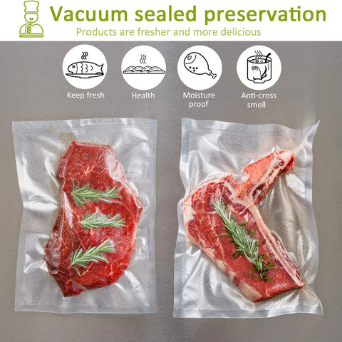 Heavy Duty Vacuum Sealer Bags Set Featuring Two Handy Sizes 11x20 And 8x20 Inches Thickened Smell Proof Puncture Resistant shown with meat inside