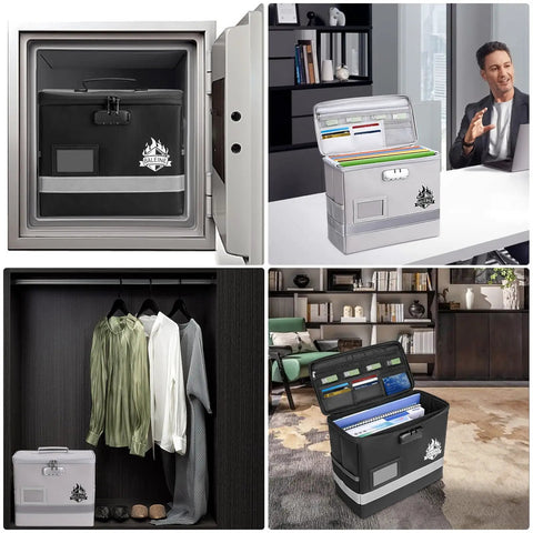 Locking Fireproof Document Box With Waterproof Seal and Portable Design shown in secure storage settings, 12.5 x 10.5 x 6 Inches, Black