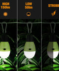 Rechargeable Camping Light With Clip Hook showing 3 modes: High, Low, Strobe against a leafy background