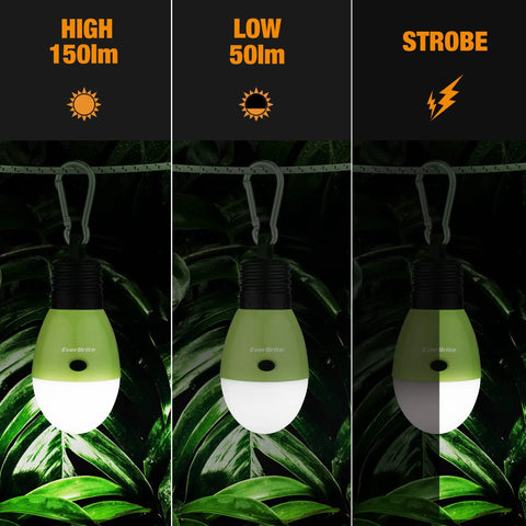 Rechargeable Camping Light With Clip Hook showing 3 modes: High, Low, Strobe against a leafy background