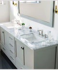 Kickstart Your Reno With This Legit 84 Inch Gray Double Sink Bathroom Vanity Featuring A Genuine White Carrara Top And Solid Wood Construction Plus Premium Brushed Nickel Hardware with sleek marble surface.