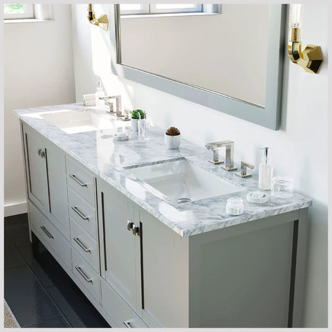 Kickstart Your Reno With This Legit 84 Inch Gray Double Sink Bathroom Vanity Featuring A Genuine White Carrara Top And Solid Wood Construction Plus Premium Brushed Nickel Hardware with sleek marble surface.
