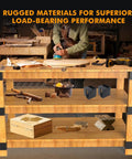 Heavy Duty 4 Piece Steel 3 Way Right Angle Corner Bracket Kit For DIY Workbench Shelving And Work Table Fits 2x4 Lumber Actual 1.5x3.5 Inches With Pre Drilled Holes And Screws For Easy Install displayed on a wooden workbench with tools