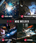145A Dual Voltage MIG Welder For Home DIY 4 In 1 Gasless Flux Core MIG Lift TIG Stick Welder with welding types displayed