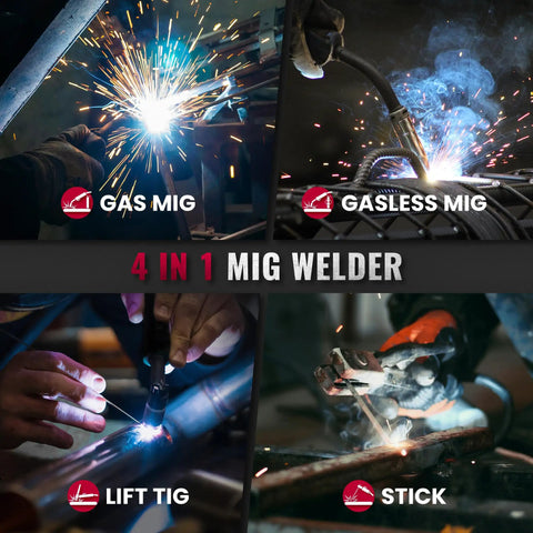 145A Dual Voltage MIG Welder For Home DIY 4 In 1 Gasless Flux Core MIG Lift TIG Stick Welder with welding types displayed