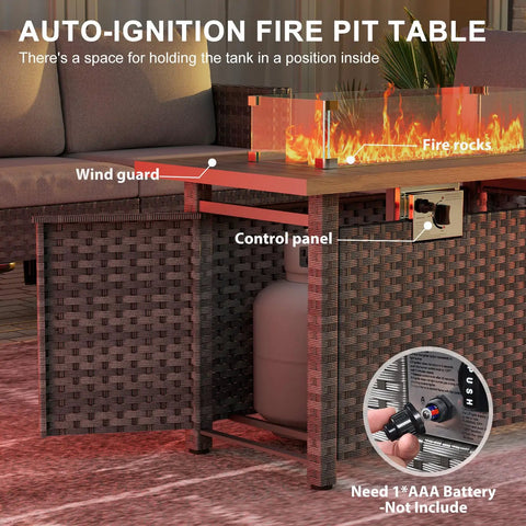 Close-up of 44 Inch Outdoor Fire Pit Table With Wind Guard And Auto Ignition Propane Gas Fire Pit 60,000 BTU Gray Rattan Rectangular Table showing control panel and wind guard.