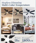 Modern 52 Inch Ceiling Fan With Light And Remote, Slick Low Profile Setup For Living Space, Smart App Control Reversible Blades, Smooth Chill Airflow showing stepless dimming and multi-color options.