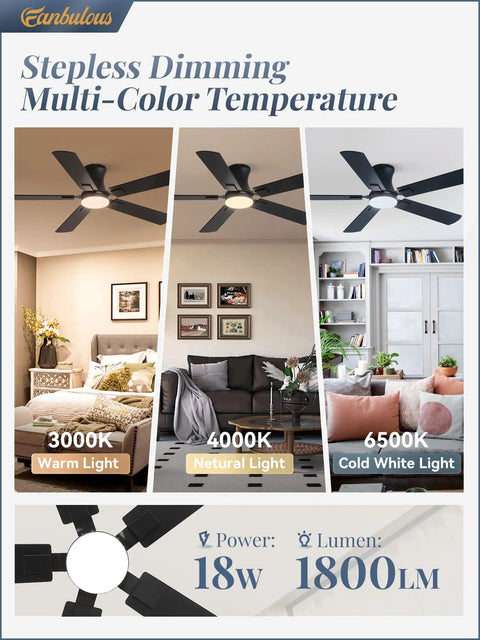 Modern 52 Inch Ceiling Fan With Light And Remote, Slick Low Profile Setup For Living Space, Smart App Control Reversible Blades, Smooth Chill Airflow showing stepless dimming and multi-color options.