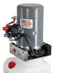 Front view of Single Acting 12V Hydraulic Pump with Remote Pendant, 6 Quart Reservoir, 3200 PSI A Port Relief, industrial setup