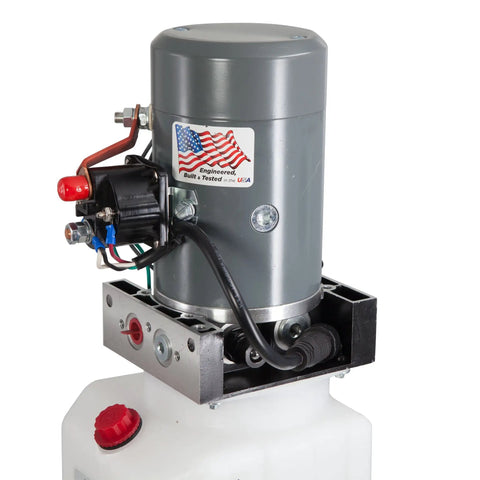 Front view of Single Acting 12V Hydraulic Pump with Remote Pendant, 6 Quart Reservoir, 3200 PSI A Port Relief, industrial setup