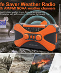 Legit Badass Emergency Radio With 10000mAh Power Bank Solar Hand Crank Am Fm Noaa Receiver Led Flashlight Sos Siren Top Survival Kit For Camping Hurricanes Or Blackouts Ready To Roll, orange radio with NOAA channels.