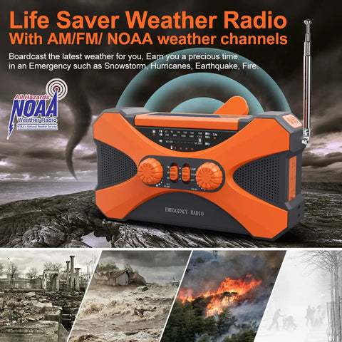 Legit Badass Emergency Radio With 10000mAh Power Bank Solar Hand Crank Am Fm Noaa Receiver Led Flashlight Sos Siren Top Survival Kit For Camping Hurricanes Or Blackouts Ready To Roll, orange radio with NOAA channels.