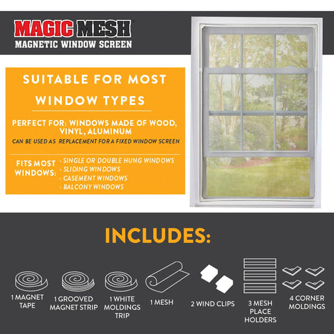 Magnetic Window Screen Kit for DIY custom fit, see through mesh, includes magnet tape, mesh, clips, fits windows up to 55x36 inches
