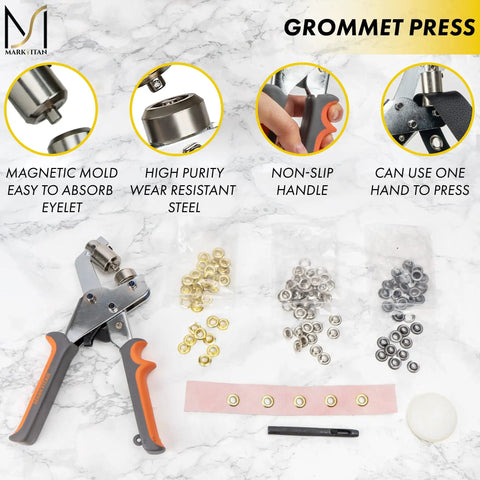 Pro Grade Grommet Tool Kit With Grommet Press, 90 Multicolor Grommets, Hole Punch And Plastic Block For Fabric Leather And Vinyl Reinforcement 3 8 Inch 10mm Size Handy Pro Set displayed on marble surface.