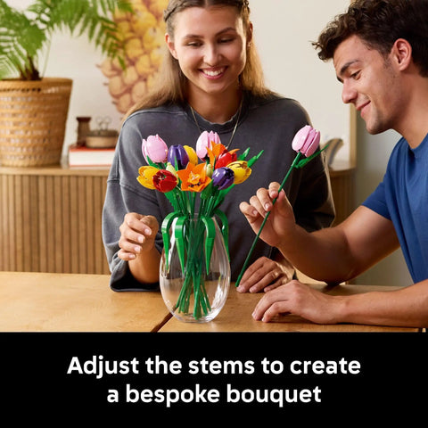 Botanical Tulip Bouquet Building Set for Adults Ages 18 Plus, Mindful Craft Kit for Bedroom, Home Decor, Book Shelf and Office Spaces, Realistic Artificial Flowers, Dope Gift for Birthdays and Garden Lovers, vase arrangement with adjustable stems