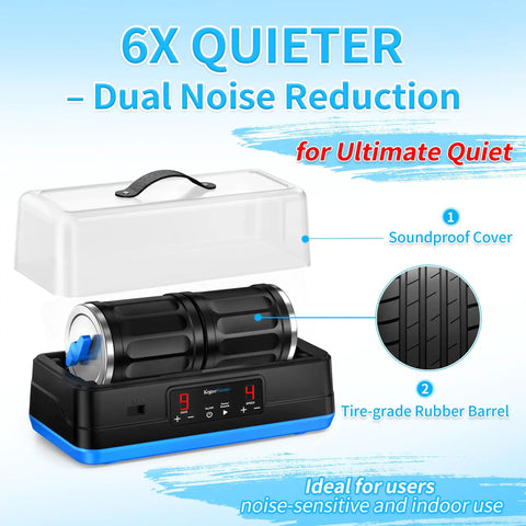Ultra Quiet Brushless Rock Tumbler Kit With Dual 7Lb Barrels showing soundproof cover and rubber barrel