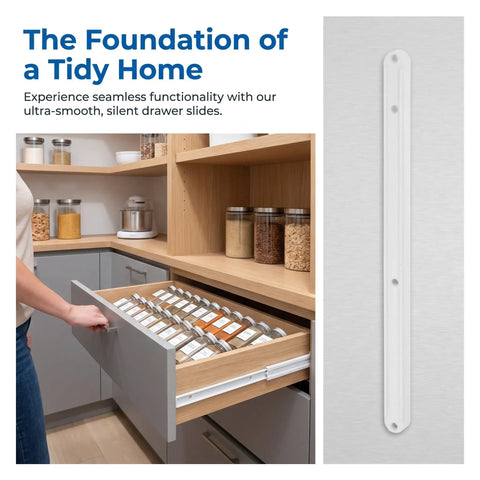 Six Piece White Abs Side Mounted Drawer Slide Rails 300Mm Grooved Guide System For Dresser Replacement shown in kitchen drawer.