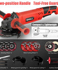 Front view of Beast Of A 4-1/2 Inch Angle Grinder With 7.5 Amp Motor 6 Variable Speeds 12000 RPM Includes Safety Guards Cutting Wheels Flap Discs And A Non Slip Handle For Metal And Wood Projects, showing two-position handle and tool-free guards.