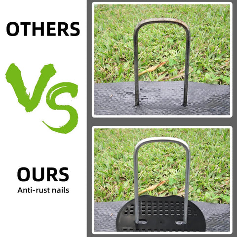 Comparison of Heavy Duty Galvanized Steel U Shape Garden Stakes And Fixing Gasket Sets for Weed Fabric and Sod Turf Pins.
