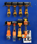Heavy Duty Drill Holder Wall Mount 2 Pack Metal Tool Organizer Rack Set with drills displayed in a garage storage setup.