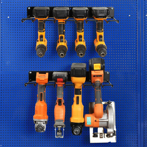 Heavy Duty Drill Holder Wall Mount 2 Pack Metal Tool Organizer Rack Set with drills displayed in a garage storage setup.