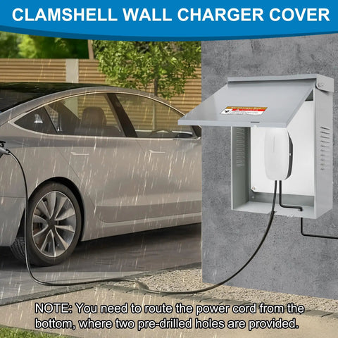 EV Charger Cover For Tesla Wall Charger Outdoor Enclosure With Rock Solid Galvanized Steel Body And IP65 Weatherproof Seal in rain.