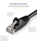 Close-up of 12Ft Cat6 Ethernet Patch Cable Black Snagless With Strain Relief 250MHz 24AWG Copper RJ45 Connector