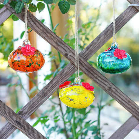 Set Of 3 Small Blown Glass Hummingbird Feeders For Outdoors Hanging With 2 Flower Feeding Ports 3 Inch Glass Hummingbird Feeders
