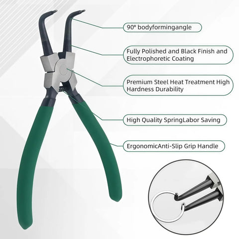 7 Inch Snap Ring Pliers Set For Internal And External Circlips with 90 Degree Bent Jaws and anti-slip grip handle.