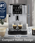 Magnifica Start Automatic Espresso Machine With Built-In Grinder And Manual Milk Frother, shown brewing two espressos.