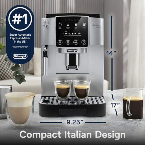 Magnifica Start Automatic Espresso Machine With Built-In Grinder And Manual Milk Frother, shown brewing two espressos.