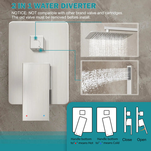 Diagram of Brushed Nickel Shower System with 10 inch rain showerhead and handheld spray showing water diverter details.