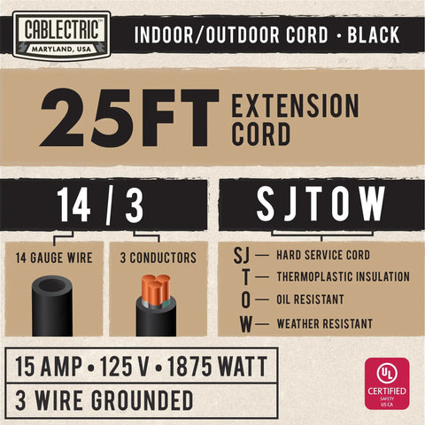 Kickass 25 Footer 14 Gauge Extension Cord For Outdoor Grinds and Multi Purpose Industrial Use With Sjtow Rated Oil Flame Resistant Vinyl Sheath That Stays Flexible In Frigid Weather Built Tough For Farm Gear And Power Tools label showing specifications and details of 25ft 14/3 SJTW extension cord.