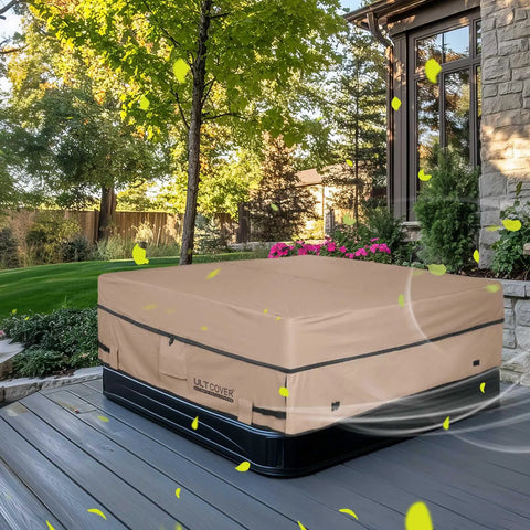 Waterproof 600D Polyester Square Hot Tub Cover For Outdoor Spas 85 By 85 Inch All Weather Protection Against Rain Snow Leaves Dust And Bird Droppings Strong Fit Requires Insulated Hard Cover Underneath on deck