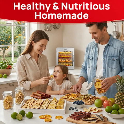 Family enjoying healthy snacks made in Top Shelf Heavy Duty 12 Tray Food Dehydrator With 800W Dual Fan And 48H Timer.