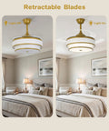 Velsgate 48 Inch Retractable Ceiling Fans with Lights and Remote in bedroom, light on and off, showcasing two-tier fabric design.