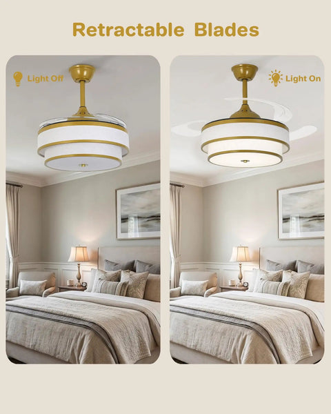 Velsgate 48 Inch Retractable Ceiling Fans with Lights and Remote in bedroom, light on and off, showcasing two-tier fabric design.