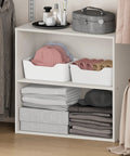 Premium Two Tier Closet Organizer with White and Open Shelves for Bedroom Clothes Storage showing neatly stacked sweaters and hats.