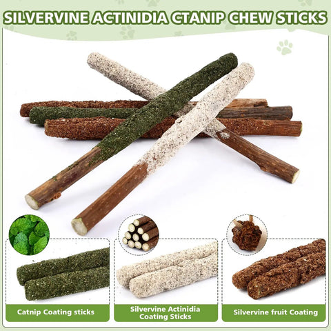 27 Pack Catnip Chew Toys For Cats With Cotton Sisal Rope And Natural Silvervine Sticks, shown as variety of chew sticks