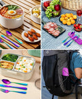 4 Piece Stainless Steel Travel Utensils Set With Reinforced Case And Buckle, Rainbow Finish, shown in outdoor dining scenarios.