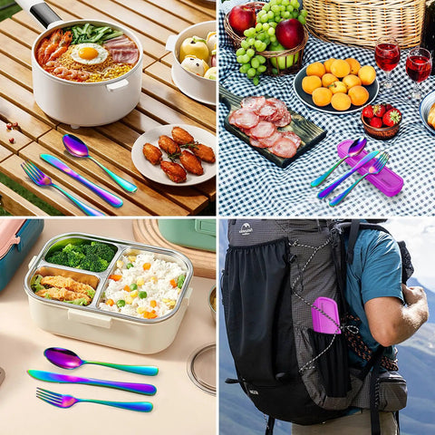 4 Piece Stainless Steel Travel Utensils Set With Reinforced Case And Buckle, Rainbow Finish, shown in outdoor dining scenarios.