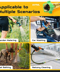 Image showing 3 Foot 304 Stainless Steel Leader Hose Female To Female For Hose Reel Kink Free Flexible Metal Water Hose with leakproof design, highlighting garden watering, car washing, pet bathing, and balcony cleaning scenarios.