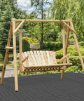 Wooden garden swing on Interlocking Plastic Deck Tiles 27 Sq Ft Outdoor Flooring 12x12 Waterproof Patio Balcony Tiles All Weather Dark Grey