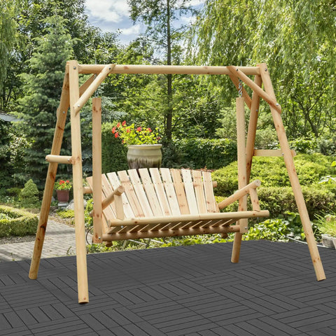 Wooden garden swing on Interlocking Plastic Deck Tiles 27 Sq Ft Outdoor Flooring 12x12 Waterproof Patio Balcony Tiles All Weather Dark Grey