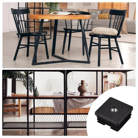Four Pack M8 Threaded Inserts For One And A Half Inch Square Tube Black Plastic Plug Caster Inserts with image of chairs and table.
