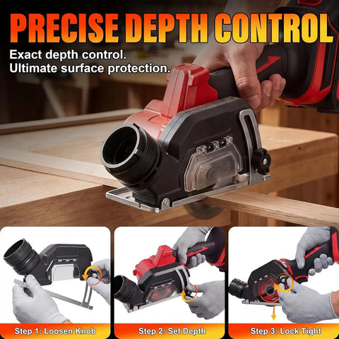 Badass 3 Inch Mini Circular Saw Featuring A Powerful 21V Brushless Motor And Cordless Cut Off Capability For Smooth One Handed Work And Tight Job Site Cuts Without Any Sweat, showing precise depth control settings.