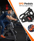 Man using indoor bike with Dual Function SPD Bike Pedals with Toe Cages and Straps, compatible with Peloton and popular brands