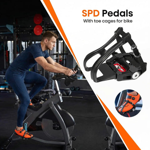 Man using indoor bike with Dual Function SPD Bike Pedals with Toe Cages and Straps, compatible with Peloton and popular brands
