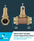 Direct Pressure Regulating Valve With Double Union 2 Inch NPT Female Metal Top 60 Psi PVA54M DUTH 60 Water PRV For Home Or Small Biz Plumbing And Upgrading Your System, 2 in FNPT brass valve